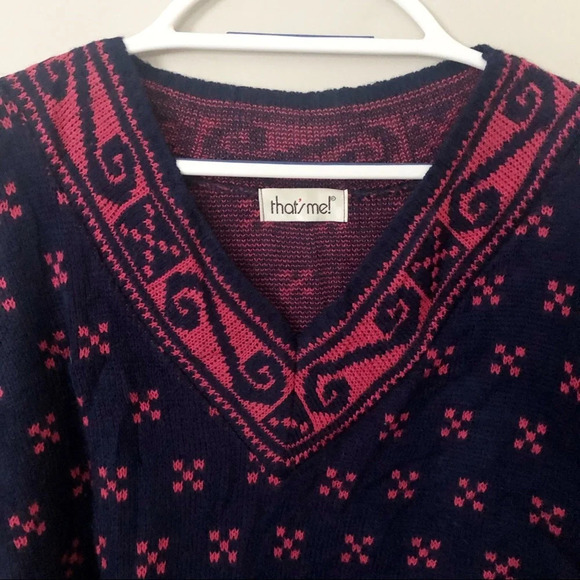Vintage 80s Grandma Sweater Oversized Geometric Fair Isle V Neck M Medium - Picture 4 of 8